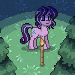 Size: 250x250 | Tagged: safe, starlight glimmer, pony, animated, blinking, cloud, gif, grass, grimace, lidded eyes, night, pixel art, pony town, shocked, solo, thinking, torch, tree