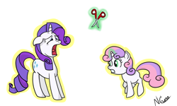 Size: 1280x768 | Tagged: safe, artist:cwossie, rarity, sweetie belle, pony, unicorn, levitation, scissors