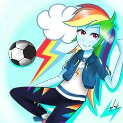 Size: 1280x1280 | Tagged: safe, artist:markvoid21, derpibooru import, rainbow dash, better together, equestria girls, ball, clothes, female, pants, shoes, signature, solo