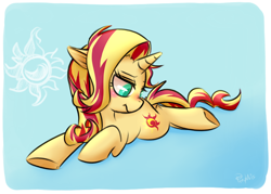 Size: 700x500 | Tagged: safe, artist:phyllismi, sunset shimmer, pony, unicorn, cute, prone, solo