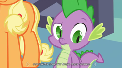 Size: 848x471 | Tagged: safe, screencap, applejack, spike, dragon, earth pony, pony, spike at your service, female, male, mare, youtube caption