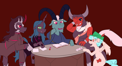 Size: 2264x1229 | Tagged: safe, artist:php93, cozy glow, grogar, king sombra, lord tirek, queen chrysalis, changeling, changeling queen, pegasus, pony, unicorn, alternate costumes, dice, dungeons and dragons, gaming, pen and paper rpg, playing card, rpg