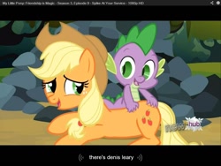 Size: 1024x768 | Tagged: safe, screencap, applejack, spike, dragon, earth pony, pony, spike at your service, butt touch, denis leary, female, hand on butt, male, mare, youtube caption