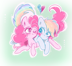 Size: 552x506 | Tagged: safe, artist:pinkablue, derpibooru import, pinkie pie, rainbow dash, earth pony, pegasus, pony, blushing, duo, female, green background, heart, lesbian, mare, one eye closed, pinkiedash, shipping, simple background, smiling