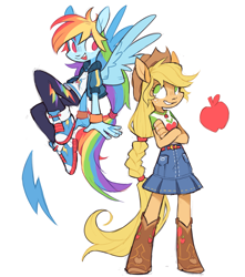 Size: 1673x1893 | Tagged: safe, artist:xenon, derpibooru import, applejack, rainbow dash, better together, equestria girls, applejack's hat, belt, boots, clothes, converse, cowboy boots, cowboy hat, crossed arms, cute, denim skirt, duo, flying, freckles, hat, long hair, open mouth, ponied up, shoes, simple background, skirt, smiling, spread wings, stetson, white background, wings