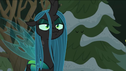 Size: 1136x640 | Tagged: safe, screencap, queen chrysalis, changeling, changeling queen, frenemies (episode), female, smug, snow, solo, tree