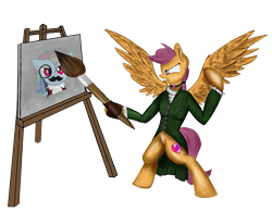 Size: 887x692 | Tagged: safe, artist:athlete-grizzle, derpibooru import, rainbow dash, scootaloo, pegasus, pony, bipedal, easel, facial hair, hoof hold, monocle, moustache, paintbrush, painting, simple background, transparent background