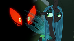 Size: 1136x640 | Tagged: safe, screencap, queen chrysalis, changeling, changeling queen, frenemies (episode), darkness, eyes in the dark, female, lidded eyes, looking back, raised eyebrow, red eyes, red eyes take warning, smug