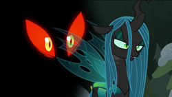 Size: 1136x640 | Tagged: safe, screencap, queen chrysalis, changeling, changeling queen, frenemies (episode), angry, annoyed, darkness, eyes in the dark, female, red eyes, red eyes take warning