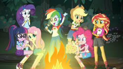 Size: 1280x720 | Tagged: safe, derpibooru import, applejack, fluttershy, pinkie pie, rainbow dash, rarity, sci-twi, sunset shimmer, twilight sparkle, equestria girls, legend of everfree, applejack's hat, camp everfree, camp everfree outfits, campfire, clothes, converse, cowboy hat, cute, denim shorts, equestria girls logo, female, fire, flashlight (object), forest, freckles, glasses, hat, humane five, humane seven, humane six, netflix, official, open mouth, promotional art, shoes, shorts, skirt, socks, stetson