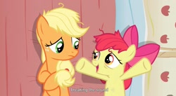 Size: 1579x863 | Tagged: safe, edit, edited screencap, screencap, apple bloom, applejack, earth pony, pony, apple family reunion, bed, caption, female, filly, hatless, mare, messy mane, missing accessory, on back, pillow, youtube caption, youtube link