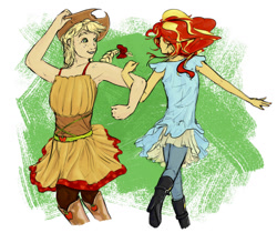 Size: 1024x860 | Tagged: safe, artist:cuttledreams, applejack, sunset shimmer, equestria girls, friendship games, friendship through the ages, '90s, allemande left, alternate costumes, alternate hairstyle, appleshimmer, armpits, clothes, dancing, dress, female, friendshipping, humanized, lesbian, shipping