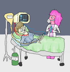 Size: 737x753 | Tagged: safe, artist:crystals1986, pinkie pie, oc, anthro, human, bed, crying, crystal, doctor, electrocardiogram, glasses, hand, hospital, mask, quality, self insert, sick, wat, why, wtf