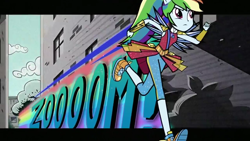 Size: 1600x900 | Tagged: safe, derpibooru import, screencap, rainbow dash, better together, equestria girls, super squad goals, black outlines, clothes, crystal guardian, crystal wings, geode of super speed, hascon, magical geodes, onomatopoeia, ponied up, running, zoom