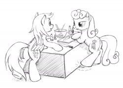 Size: 1900x1358 | Tagged: safe, artist:dahtamnay, carrot top, derpy hooves, golden harvest, pegasus, pony, bowl, carrot, cooking, female, knife, mare, monochrome