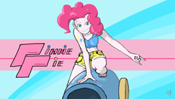 Size: 1920x1080 | Tagged: safe, artist:7doran, pinkie pie, humanized, party cannon, solo, wallpaper