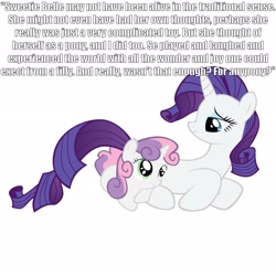 Size: 2236x2236 | Tagged: safe, rarity, sweetie belle, sweetie bot, pony, robot, robot pony, unicorn, cuddling, cute, diasweetes, fanfic, female, filly, foal, hooves, horn, image macro, lying down, mare, sisters, smiling, snuggling, text