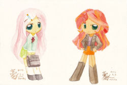 Size: 1632x1096 | Tagged: safe, artist:howxu, fluttershy, sunset shimmer, human, chibi, humanized, traditional art, watercolor painting