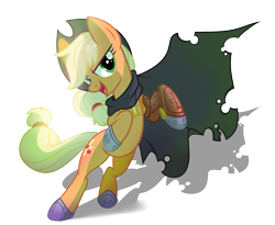 Size: 2921x2401 | Tagged: safe, artist:wicklesmack, applejack, cyborg, earth pony, pony, amputee, appleborg, cape, clothes, female, mare, prosthetic leg, prosthetic limb, rearing, simple background, solo, steampunk, transparent background