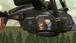 Size: 1920x1080 | Tagged: safe, artist:tonkano, derpibooru import, rainbow dash, scootaloo, pegasus, pony, fallout equestria, 3d, flying, forest, happy, source filmmaker, vertibird