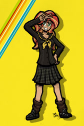 Size: 459x682 | Tagged: safe, artist:sensko, sunset shimmer, human, clothes, crossover, humanized, peace sign, persona, persona 4, school uniform, solo