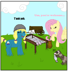 Size: 522x549 | Tagged: safe, artist:tamarapeluso, fluttershy, oc, oc:bluenose, earth pony, ferret, fish, pegasus, pony, dead, eating, female, mare, predation