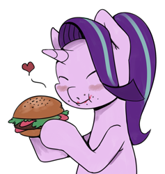 Size: 1613x1701 | Tagged: safe, artist:alvh-omega, starlight glimmer, pony, blushing, burger, eating, food, hamburger, heart, ponies eating meat, simple background, solo, white background