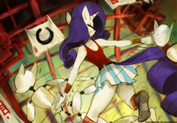 Size: 1300x903 | Tagged: safe, artist:foxinshadow, rarity, anthro, action pose, clothes, fight, mannequin, martial artist rarity, skirt, solo, tanktop