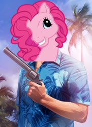 Size: 900x1242 | Tagged: safe, artist:patrickbrown, edit, pinkie pie, earth pony, pony, grand theft auto, gta vice city, tommy vercetti, vice city