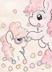 Size: 710x976 | Tagged: safe, artist:slightlyshade, pinkie pie, twist, earth pony, pony, candy, traditional art