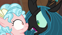 Size: 1920x1080 | Tagged: safe, screencap, cozy glow, queen chrysalis, changeling, changeling queen, pegasus, pony, frenemies (episode), cozybuse, fangs, female, filly, foal, open mouth, wide eyes