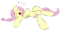 Size: 500x249 | Tagged: dead source, safe, artist:kryptchild, fluttershy, pegasus, pony, on back, open mouth, sleeping, zzz