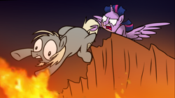 Size: 1914x1080 | Tagged: safe, artist:petirep, derpibooru import, twilight sparkle, twilight sparkle (alicorn), alicorn, pony, alicorn day, book store pony, dangling, female, fire, hoof hold, mare, threatening