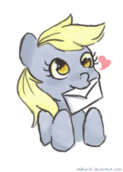 Size: 1024x1434 | Tagged: safe, artist:redkendi, derpy hooves, pegasus, pony, female, heart, letter, mare, mouth hold, solo