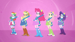 Size: 1280x720 | Tagged: safe, derpibooru import, screencap, applejack, fluttershy, pinkie pie, rainbow dash, rarity, equestria girls, equestria girls (movie), helping twilight win the crown, humane five, pink background, pointing, simple background, wondercolts