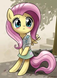 Size: 800x1098 | Tagged: safe, artist:johnjoseco, fluttershy, pegasus, pony, semi-anthro, anime, blushing, clothes, cute, shyabetes, skirt, solo, uguu