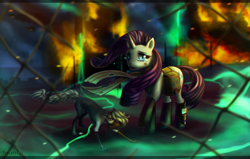 Size: 1120x713 | Tagged: safe, artist:hardcrowmao, rarity, cat, pony, unicorn, boots, fire, gate, hoof boots, saddle bag