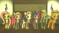 Size: 1920x1080 | Tagged: safe, artist:tonkano, derpibooru import, applejack, fluttershy, pinkie pie, rainbow dash, rarity, twilight sparkle, earth pony, pegasus, pony, unicorn, fallout equestria, 3d, angry, determination, determined, fanfic, fanfic art, female, flag, happy, hat, hooves, horn, mane six, mare, ministry mares, ministry of arcane sciences, ministry of awesome, ministry of image, ministry of morale, ministry of peace, ministry of wartime technology, open mouth, pose, propaganda, serious, serious face, source filmmaker, surprised, wings