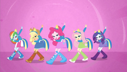 Size: 1280x720 | Tagged: safe, derpibooru import, screencap, applejack, fluttershy, pinkie pie, rainbow dash, rarity, equestria girls, equestria girls (movie), helping twilight win the crown, humane five, wondercolts