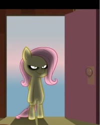 Size: 448x560 | Tagged: safe, fluttershy, pegasus, pony, .mov, backlit, bipedal, door, female, mare, solo, standing