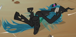 Size: 612x296 | Tagged: safe, screencap, lord tirek, queen chrysalis, changeling, changeling queen, frenemies (episode), blindfold, cropped, female, solo focus