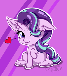 Size: 1500x1700 | Tagged: safe, artist:jack-pie, starlight glimmer, pony, unicorn, chibi, cute, ear fluff, female, glimmerbetes, heart, mare, one eye closed, raised hoof, signature, sitting, solo, underhoof, wink