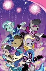 Size: 911x1400 | Tagged: safe, idw, bon bon, derpy hooves, dj pon-3, doctor whooves, lyra heartstrings, octavia melody, sweetie drops, vinyl scratch, earth pony, pegasus, pony, unicorn, background six, comic, cover, female, male, mare, stallion