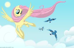 Size: 5756x3789 | Tagged: safe, artist:grievousfan, fluttershy, bird, pegasus, pony, cloud, cloudy, female, flying, mare, sky, smiling, solo, sun