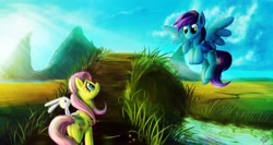 Size: 2993x1588 | Tagged: safe, artist:thepleonasticpotato, angel bunny, fluttershy, oc, pegasus, pony