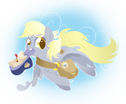 Size: 1296x1080 | Tagged: safe, artist:zoidledoidle, derpy hooves, pegasus, pony, female, flying, hat, letter, mailbag, mailpony, mare, scroll, solo