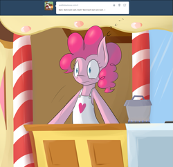 Size: 795x768 | Tagged: safe, artist:erthilo, pinkie pie, earth pony, pony, apron, ask, clothes, cooking, kitchen, pinkiepieskitchen, solo, tumblr