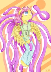 Size: 2100x2990 | Tagged: safe, artist:spikedmauler, fluttershy, anthro, cult leader fluttershy, kinky cultershy, sweat, tentacles