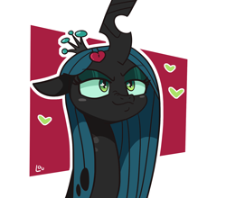 Size: 1650x1454 | Tagged: safe, artist:lou, queen chrysalis, changeling, changeling queen, abstract background, bust, crown, cute, cutealis, female, hair accessory, hairclip, heart, jewelry, portrait, regalia, solo