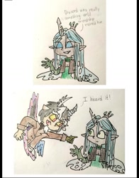 Size: 1080x1375 | Tagged: safe, artist:mkd, discord, queen chrysalis, anthro, human, frenemies (episode), comic, simple background